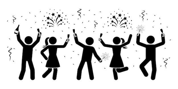 Happy stick figures celebrating New Year night icon