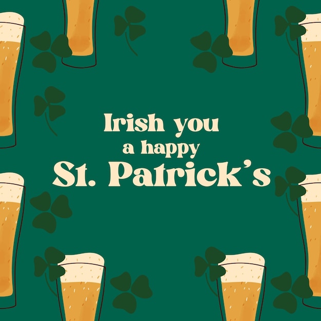 Happy StPatrick s day card design with stylized mugs of beer illustration on green background