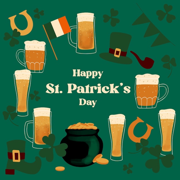 Happy StPatrick's day wenskaart ontwerp met gestileerde illustratie traditionele symbool mokken bierpot munten op groene achtergrond