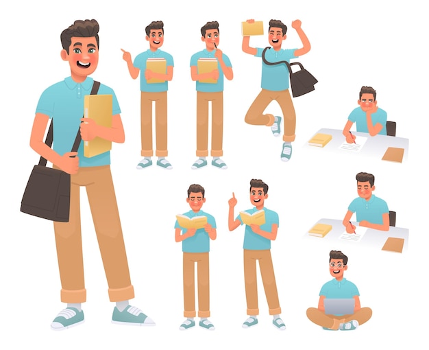 Vector happy student character set guy books backpack various poses actions _ai_generated