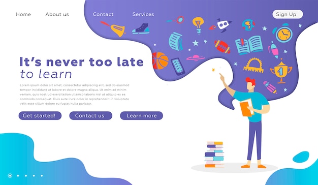 Happy Student Character with Book landing page. Education Graduation Concept for Website. Vector flat cartoon illustration. Back to School web design. Guy reading a book. School supplies in thoughts