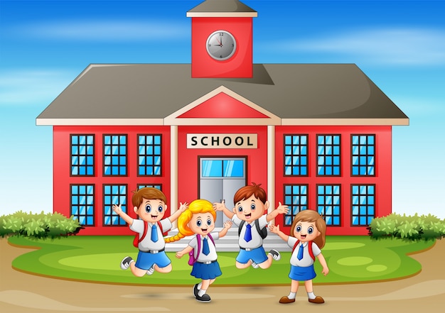 Vector happy student in front of the school building