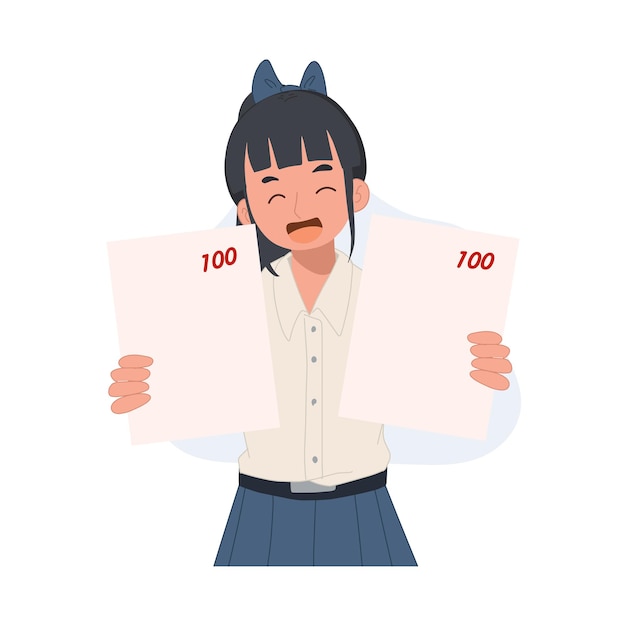 Happy student girl is showing score from the exam very good result Thai student uniform Asian studentVector illustration