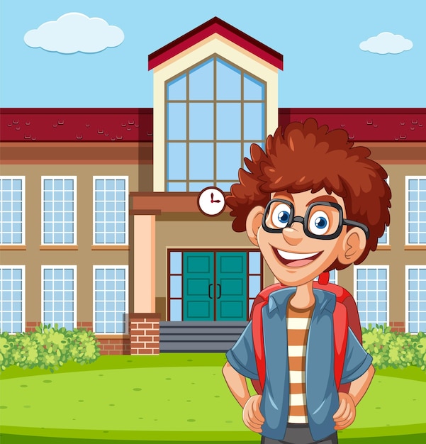 Vector happy student outside school building