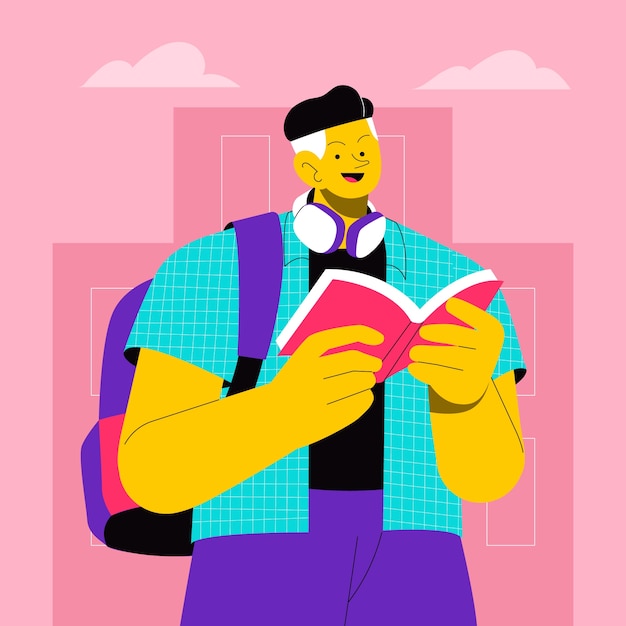 Счастливый ученик читает книгу.
