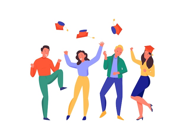 Happy students dancing and throwing hats at graduation party flat  illustration