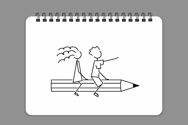 Happy students flying back to school on top of giant pencil horizontal spiral bound sketchbook page simple sketch grey background vector illustration