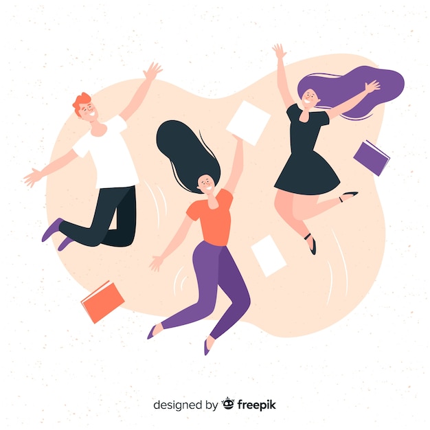 Vector happy students jumping with flat design