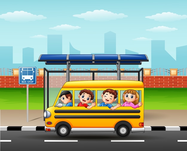 Happy students riding school bus