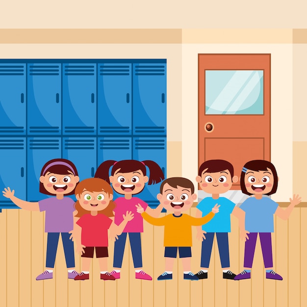 Vector happy students smiling waving hand at school