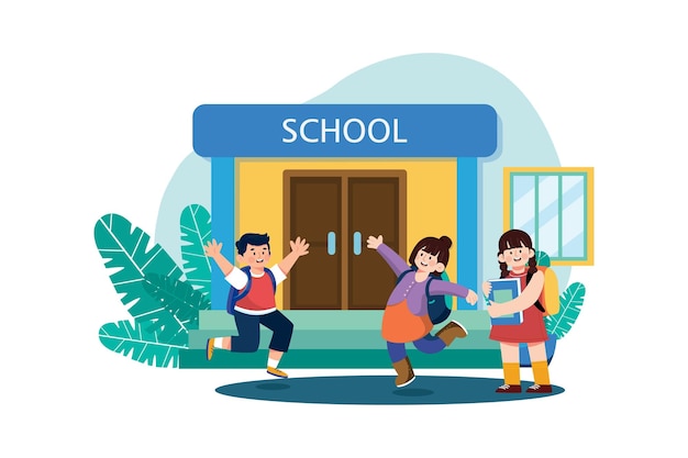 Happy students with backpacks are jumping Illustration concept on white background