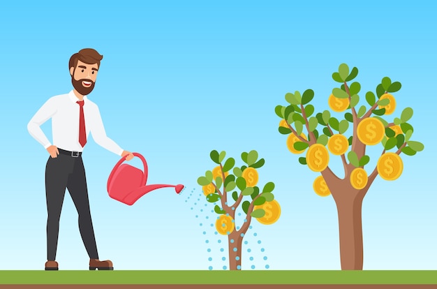 Happy stylish businessman watering a money tree cartoon