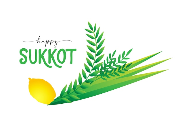 4가지 향신료와 허브를 곁들인 전통 명절 카드인 Happy Sukkot. 유대인 타이포그래피 요소.