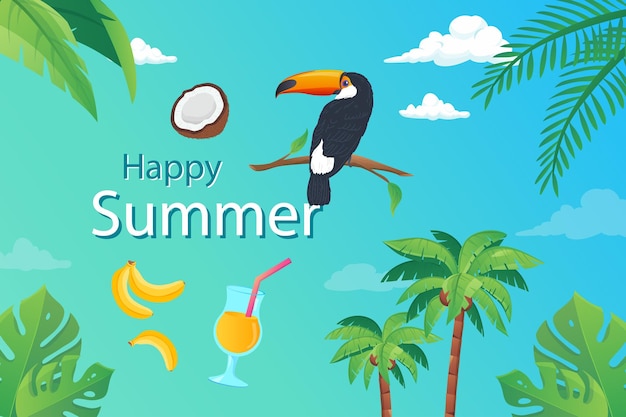 Happy summer background in flat cartoon design wallpaper with summertime composition green palm leav