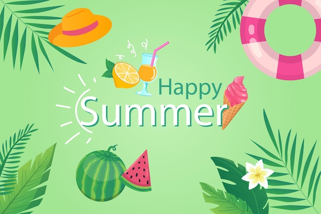 Happy summer background in flat cartoon design wallpaper with summertime composition palm leaves hat