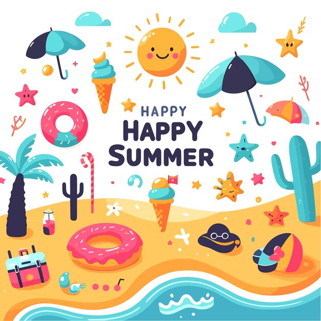 Vector happy summer beach vacation background with tropical plants and tropical flowers