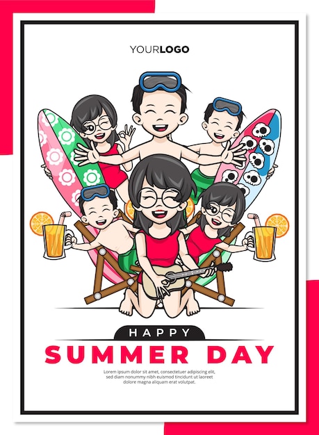 かわいい漫画のキャラクターと幸せな夏の日のポスターテンプレート