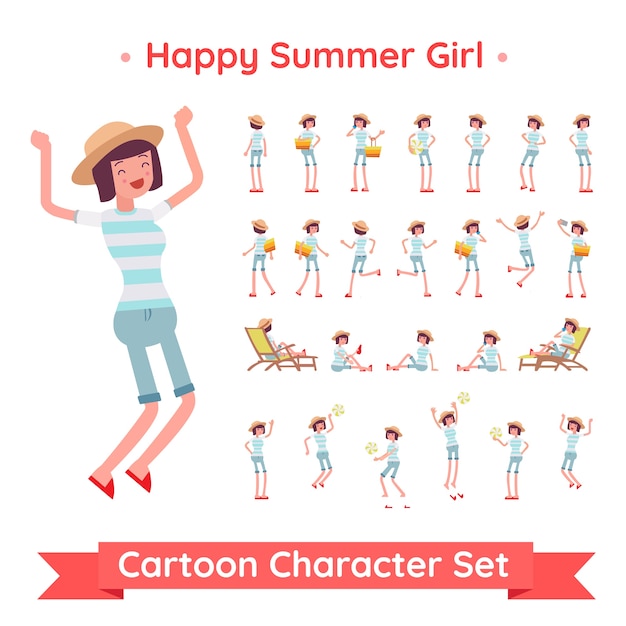 Vector happy summer girl character set