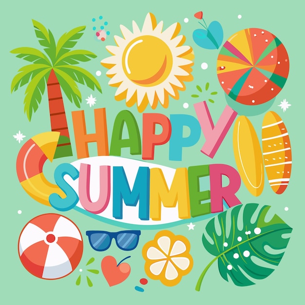 Vector happy summer greeting card with colorful icons
