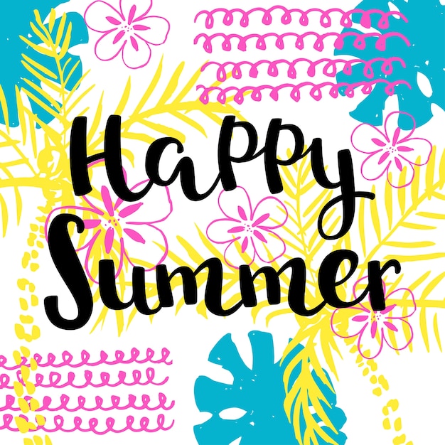 Vector happy summer hand drawing lettering