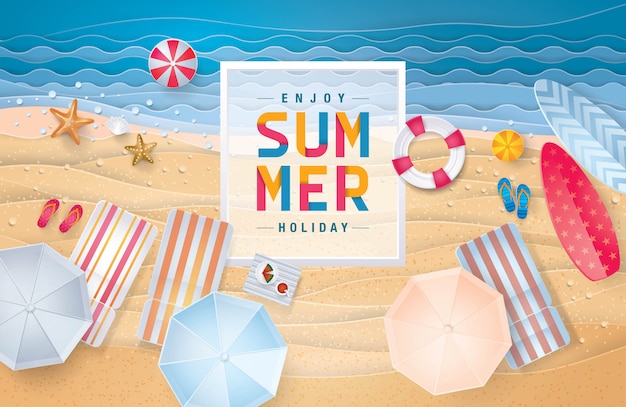 Vector happy summer holiday beach top view background, the sand sea shore for summer season