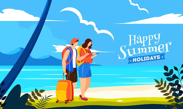 Vector happy summer holiday design with illustration of couple travelers