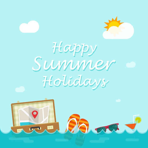 Happy summer holiday vector illustration with traveler things floating on sea waves