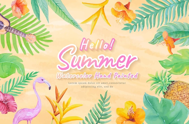 Happy summer holidays concept with decoration botanical,guitar,flamingo watercolor hand painted.