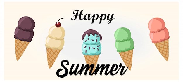 Vector happy summer set of variety ice cream.