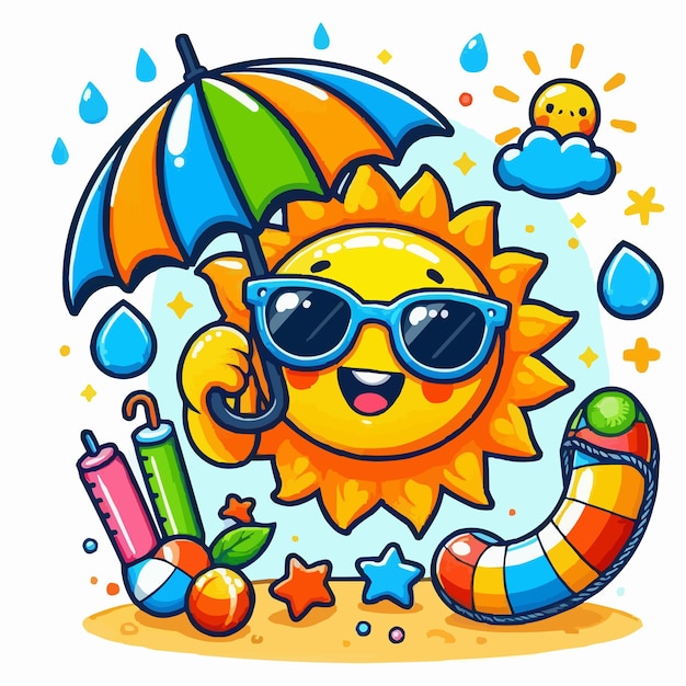 Happy sun emoji with umbrella in a hand 3d vector banner with copy space