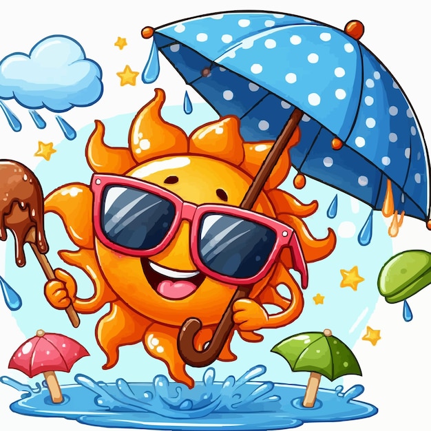 Happy sun with sunglasses and umbrella cartoon illustration