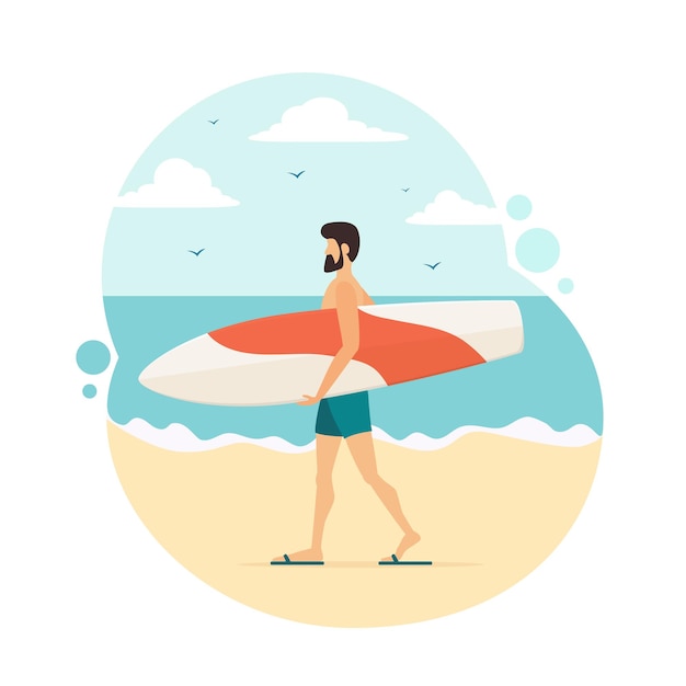 Il surfista felice in costume da bagno blu con una tavola da surf bianca e rossa va in spiaggia. uomo con una tavola da surf sullo sfondo del mare. l'illustrazione in stile cartone animato piatto può essere utilizzata per il design estivo, poster, banner