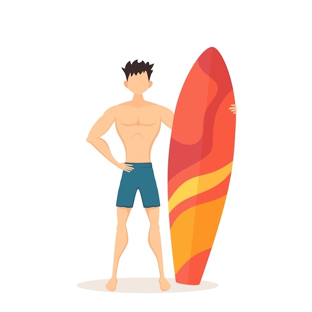 Happy surfer in blauwe zwembroek met een surfplank op het strand. Grappige kerel geïsoleerd op een witte achtergrond. Illustratie in platte cartoonstijl kan worden gebruikt voor zomerontwerp, posters, banners.