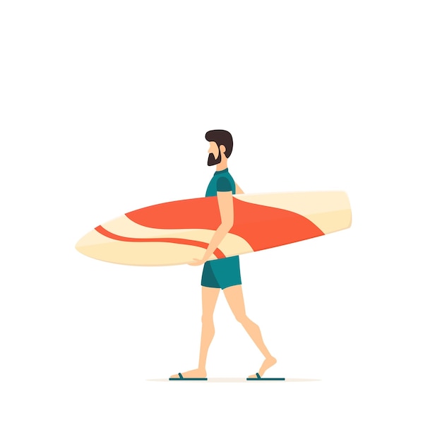 벡터 흰색과 빨간색 서핑보드가 있는 파란색 수영복을 입은 행복한 서퍼는 해변으로 갑니다. 흰색 배경에 고립 된 재미 있는 남자. 평면 만화 스타일의 그림은 여름 디자인, 포스터, 배너에 사용할 수 있습니다.