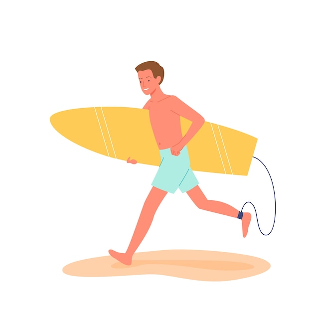 Il surfista felice funziona con la tavola da surf sull'illustrazione di vettore della spiaggia tropicale. cartoon surf estate spiaggia viaggio vacanza scena con personaggio surfista uomo in esecuzione, tenendo la tavola da surf isolato su white