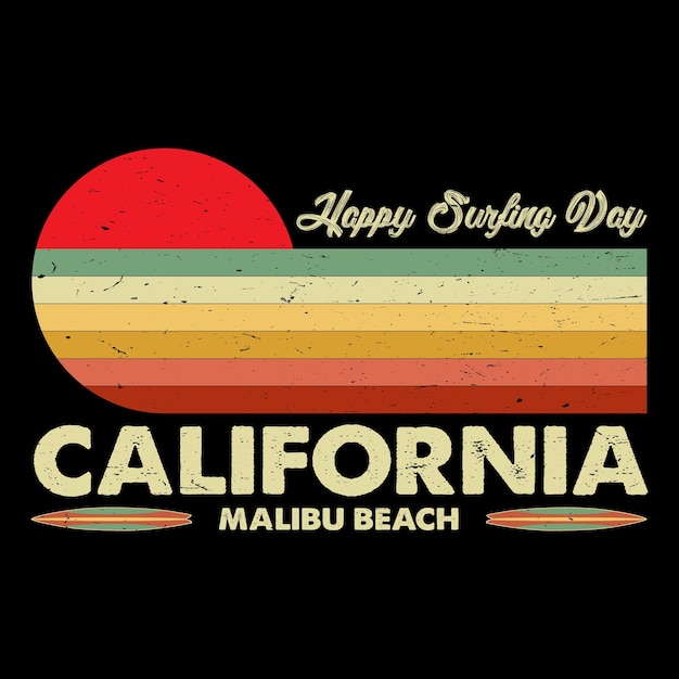 Vettore illustrazione felice di vettore di disegno della maglietta della spiaggia di malibu di giorno di surfing california