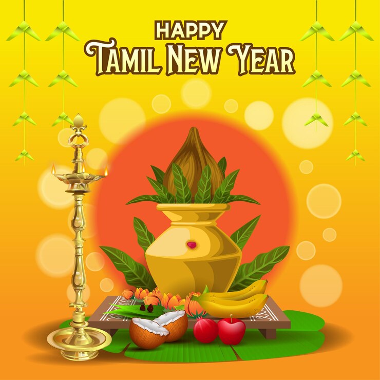 वेक्टर happy tamil new year greetings with traditional ritual elements