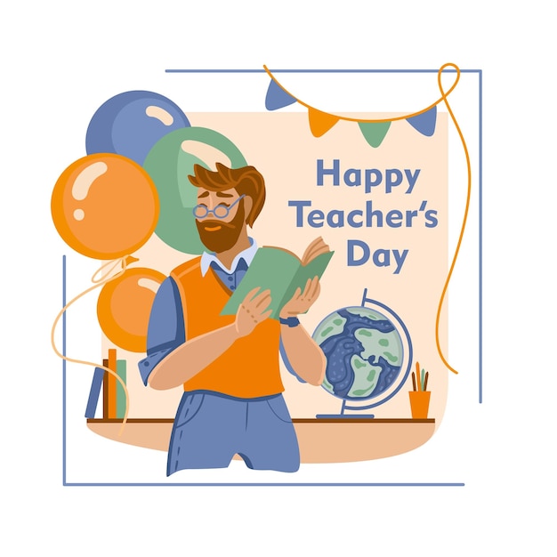 Happy teacher in classroom World teachers day Child education Flat illustration