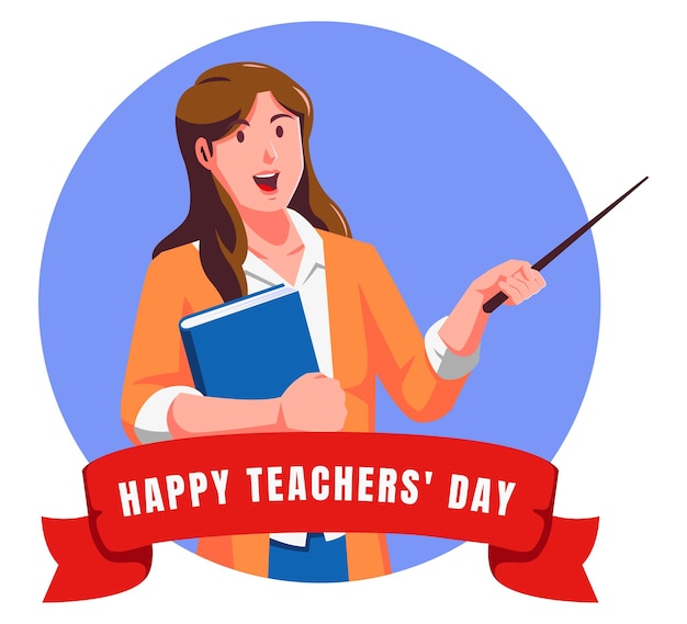 Happy teacher day with female teacher holding book and ribbon vector illustration graphic design