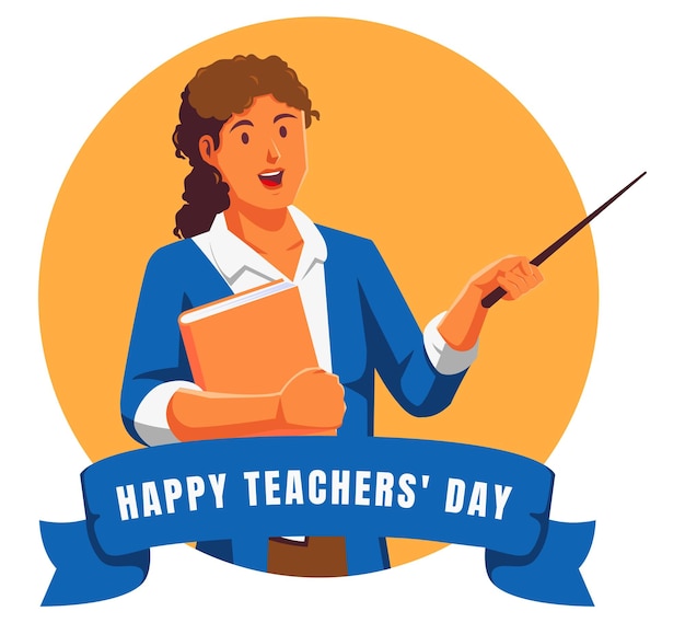 Happy teacher day with female teacher holding book and ribbon vector illustration graphic design