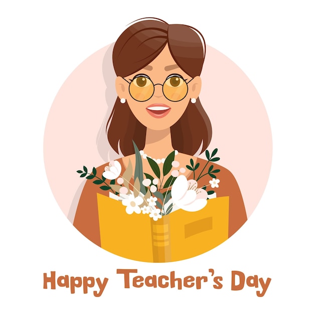 Happy teacher's day Avatar of pretty young cartoon woman Cute teacher with book and flowers