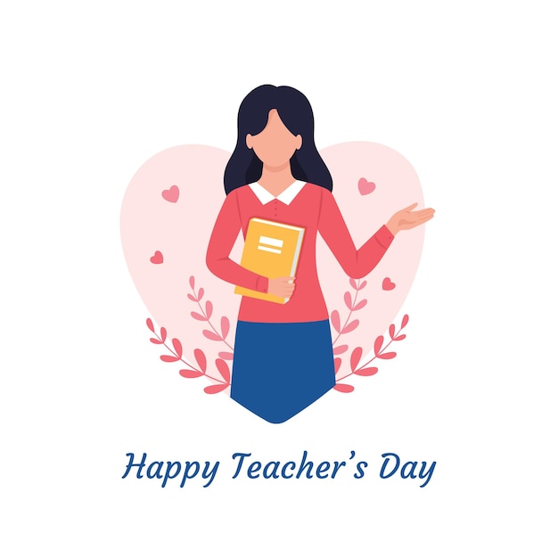 Poster banner happy teacher's day insegnante carino con un libro in una cornice a forma di cuore cartoon flat