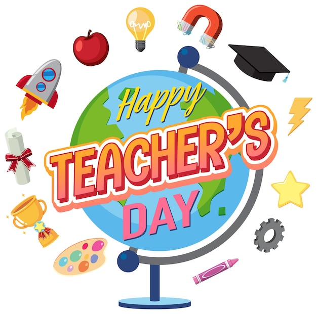 Happy teacher's day-logo op aardebol met schoolobjecten