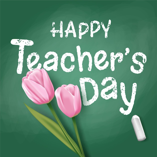 Happy Teacher's Day met roze tulpen op blackboard. Vector