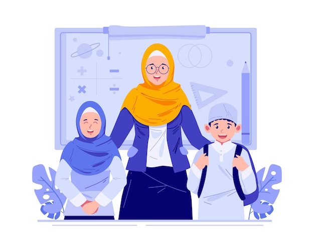 Vector happy teacher's day a muslim female teacher with children students world teacher's day celebration