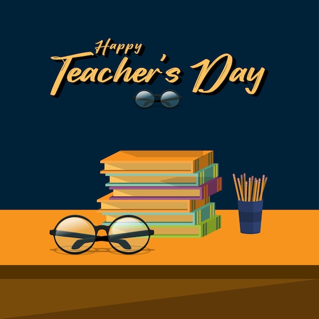 Happy Teacher's Day Stack of books with glasses on blackboard background