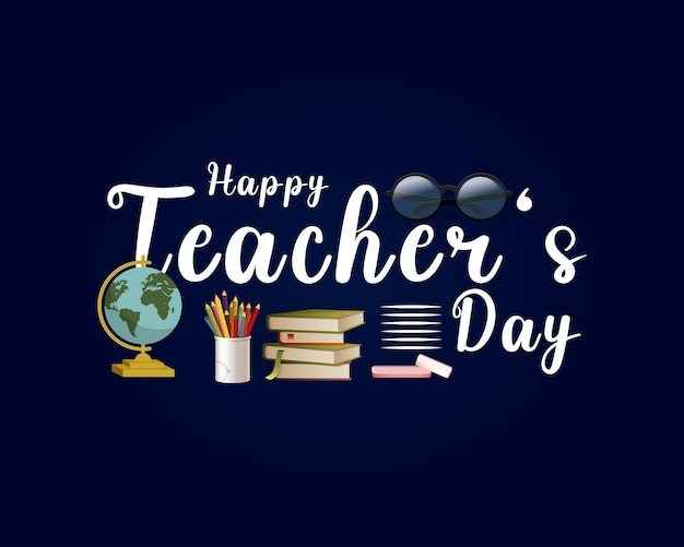 Happy Teacher's Day Stack of books with glasses on blackboard background