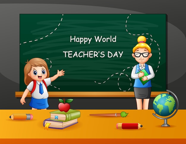 Happy teacher's day text on chalkboard with kids and teacher
