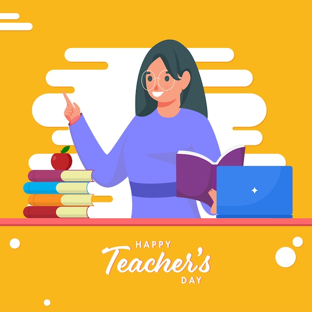 Vector happy teacher's day text with young woman educator holding book and laptop on white and yellow background.