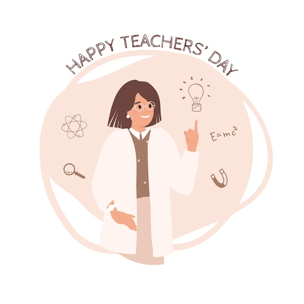 Happy Teacher's Day, vrouw leraar wetenschap, collectie leraren uit verschillende vakgebieden, wenskaart